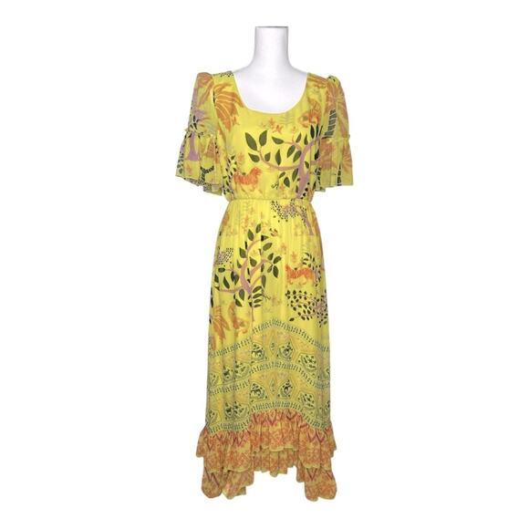Saloni Pippa Silk Midi Dress Georgette Jungle Yellow Ruffle Citrus Floral NWT 6 - Picture 2 of 16